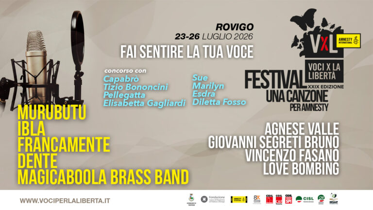 29esima edizione di “Voci per la libertà – una canzone per Amnesty”: 4 giorni di festival a Rovigo
